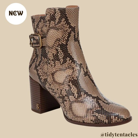 NEW Women's Buckle Leather Ankle Boots Size 8.5 Mocha Snake Print - Picture 1 of 5